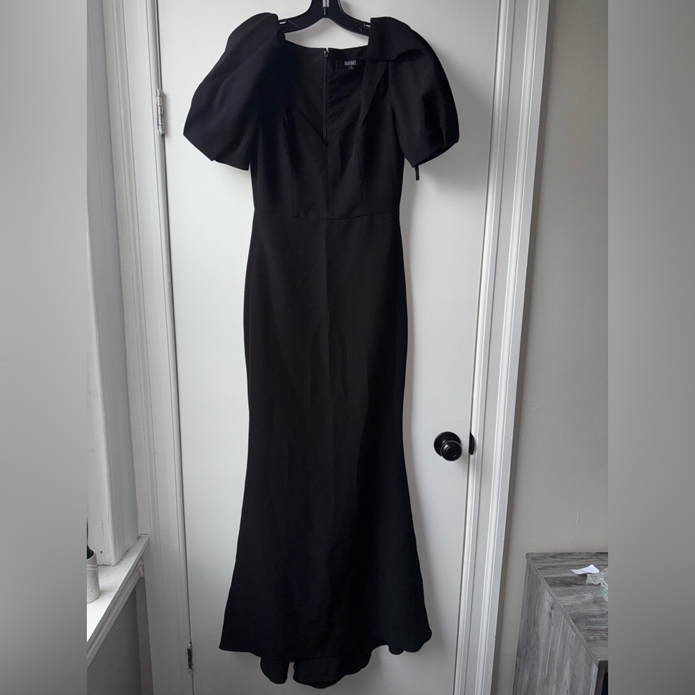 Badgley Mischka Gathered Crepe Black V-Neck Maxi Gown Statement Puff Sleeves - Picture 3 of 16